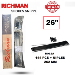 Paquete (Gruesa) de Radios Taiwan Ritchman 26″ 14Gx262mm Acero Inoxidable Negro + Niples (144 UND) Taiwán Original