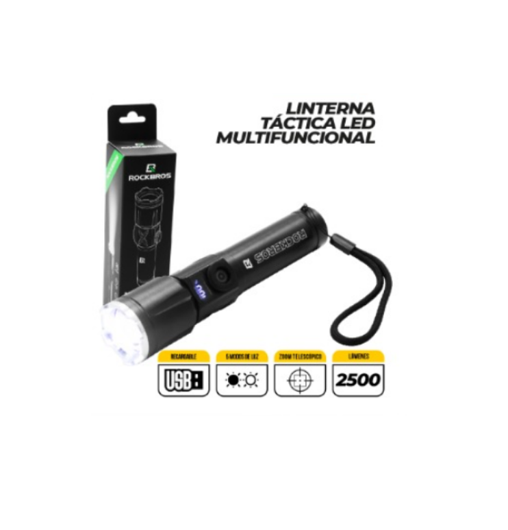 Luz Frontal RockBros Potente Tactico Telescopico M25 2500LM Recargable USB
