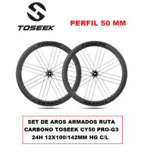 Set de juego de Aros de Carbono Ruta 700c Toseek CY50 Pro G3 Perfil 50mm 24H Disco HG C/L 12x100/142mm Negro Matte