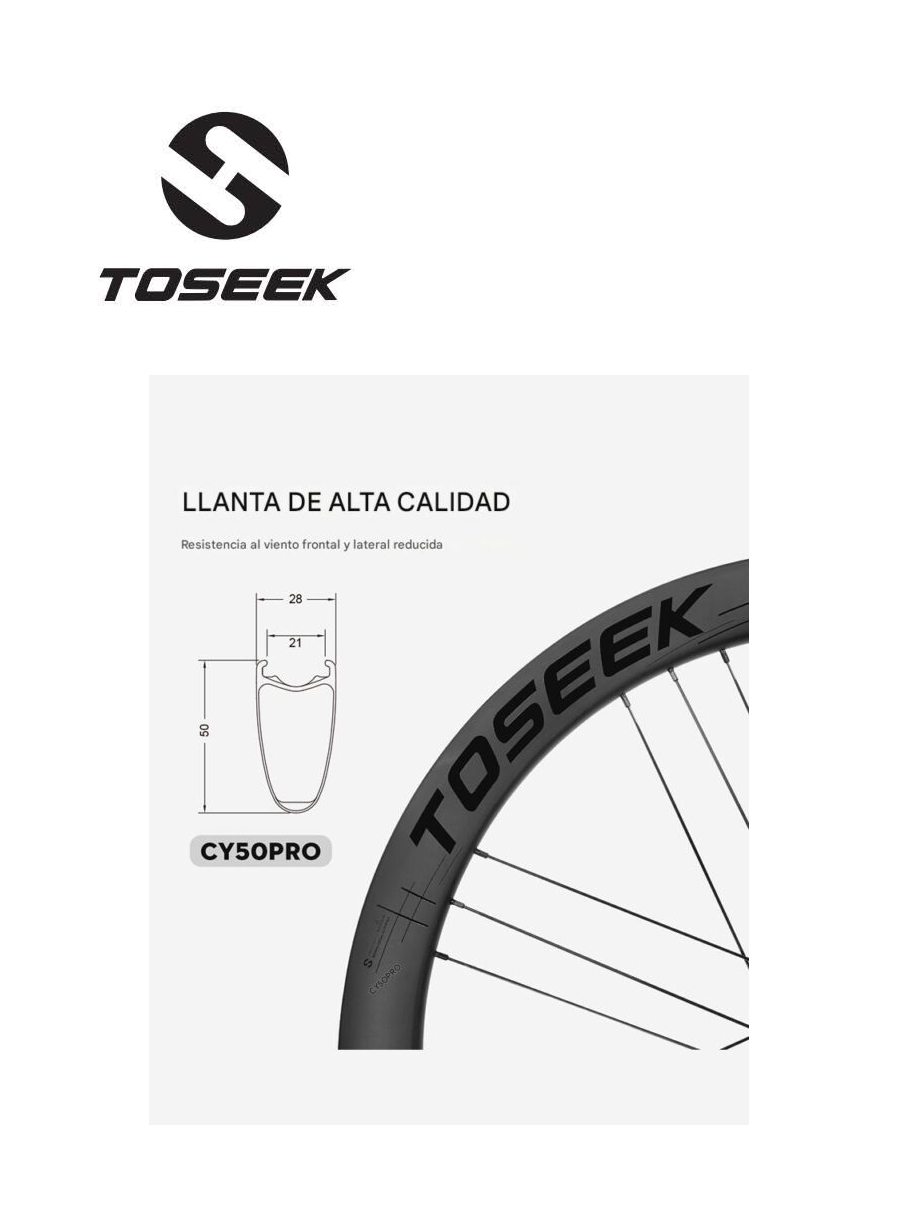 Set de juego de Aros de Carbono Ruta 700c Toseek CY50 Pro G3 Perfil 50mm 24H Disco HG C/L 12x100/142mm Negro Matte - Imagen 6