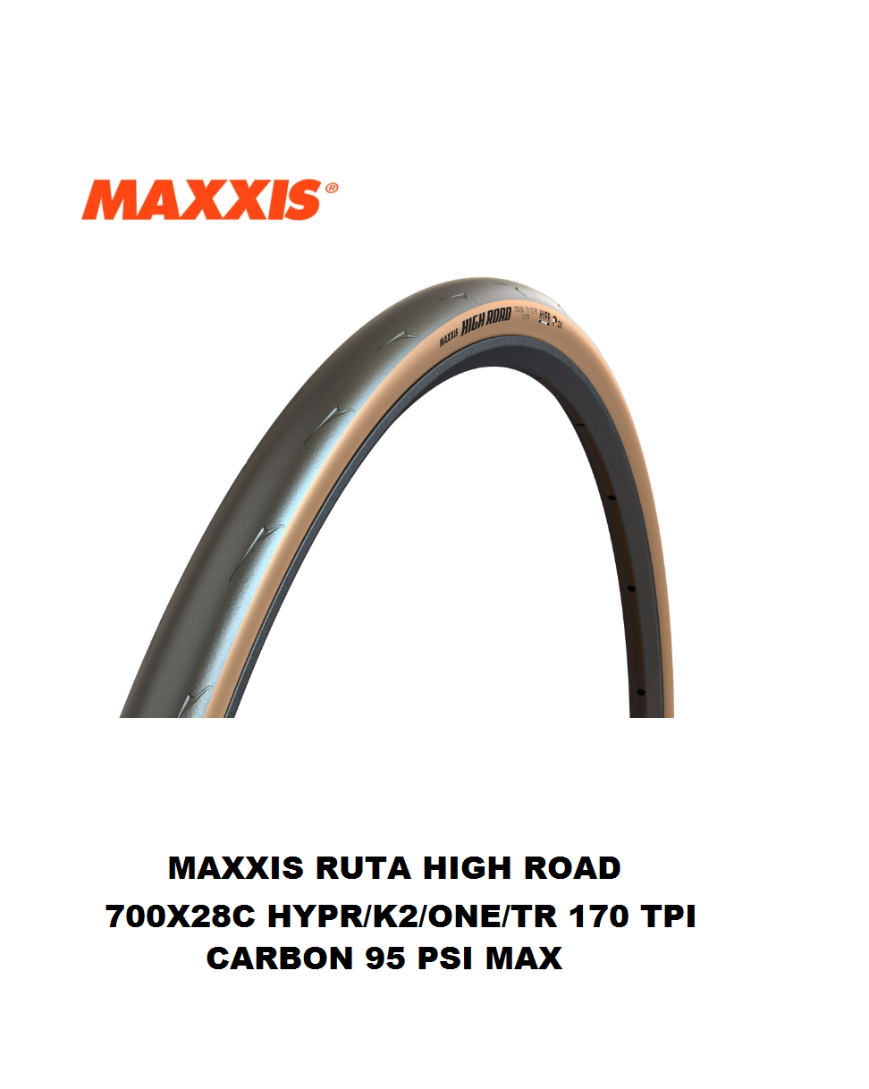 Llanta Maxxis Ruta High Road 700x28C HYPR/K2/ONE/TR/TANWALL 170 TPI Carbon 95 PSI Máx Negro